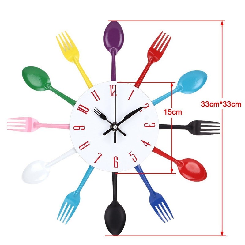 Timelike Kitchen Wall Clock, 3D Removable Modern Creative Cutlery Kitchen Spoon Fork Wall Clock Mirror Wall Decal Wall Sticker Room Home Decoration (White) - Image 2